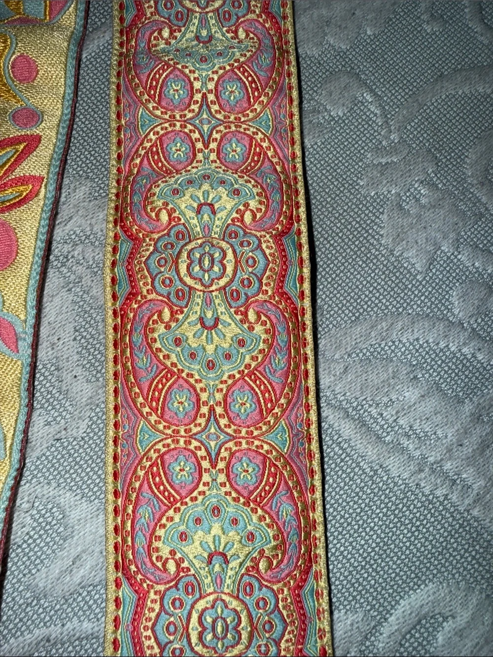 Embroidered Floral Jacquard Belt in Yellow and Pink Reversible